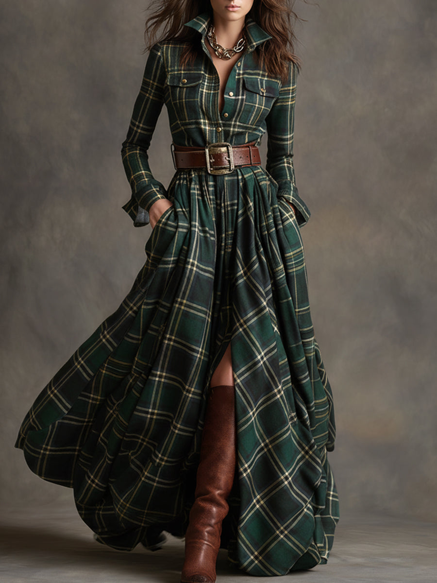 Unity Plaid Long Sleeve Maxi Dress with Shirt Collar Button Front