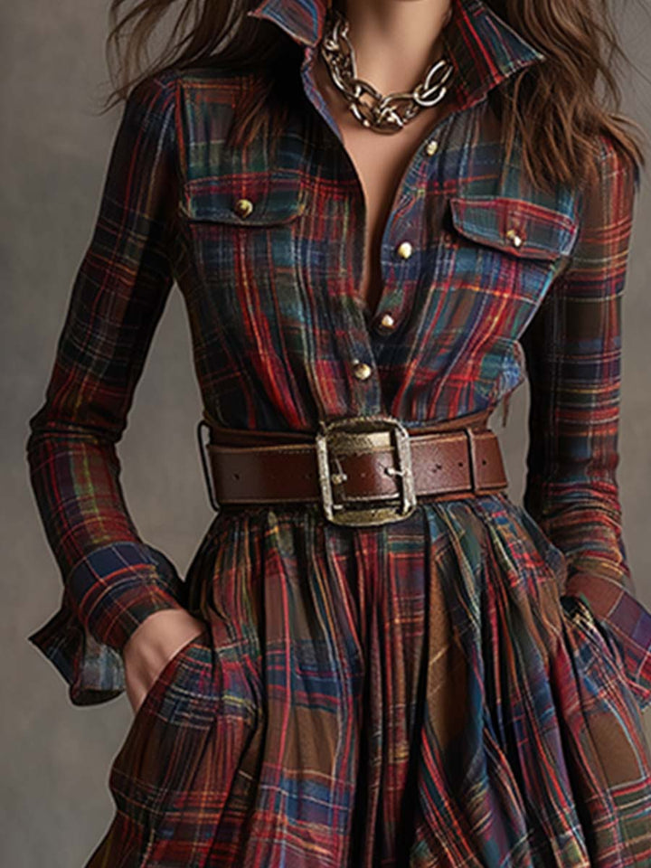 Unity Plaid Long Sleeve Maxi Dress with Shirt Collar Button Front