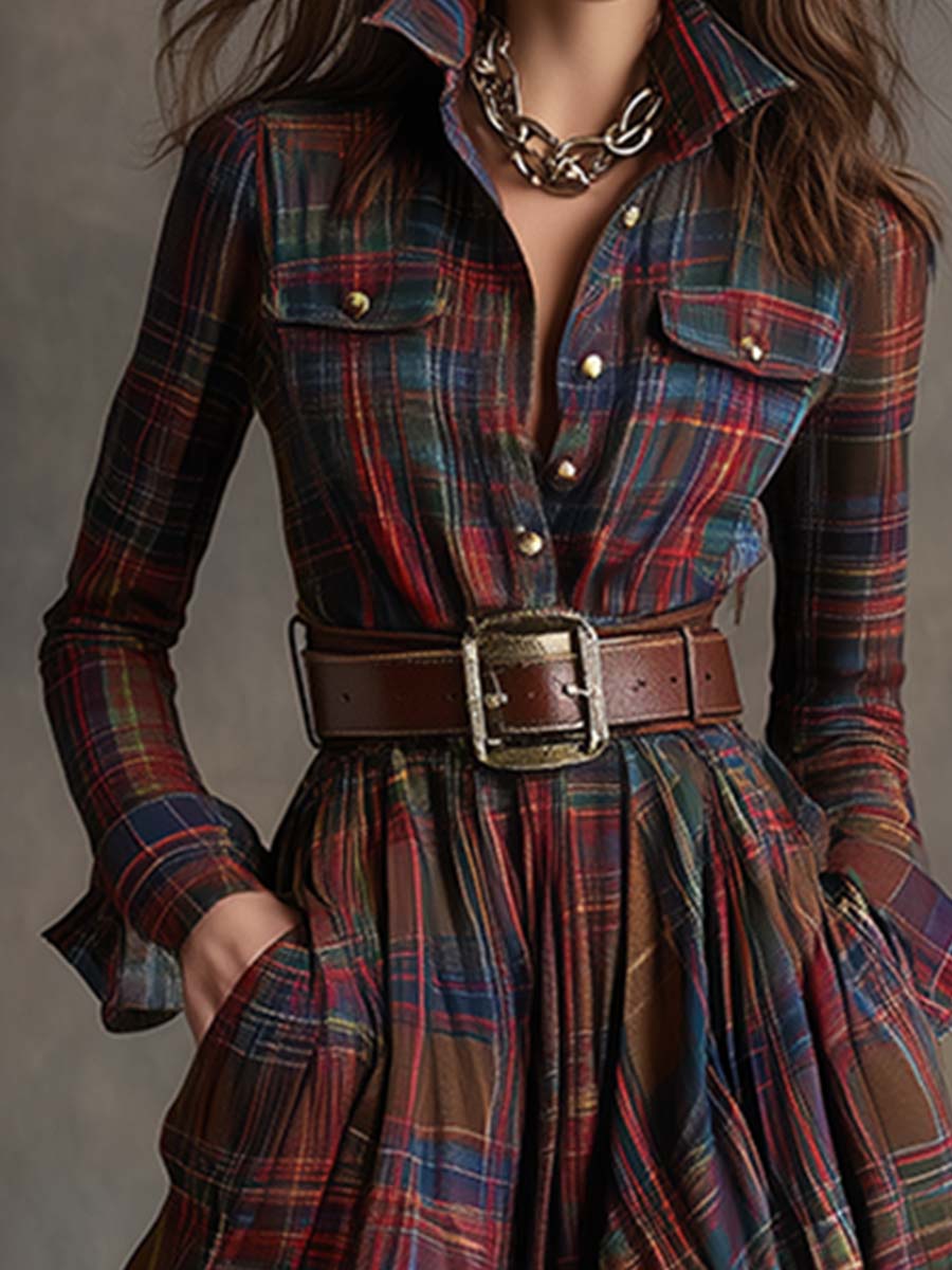 Unity Plaid Long Sleeve Maxi Dress with Shirt Collar Button Front