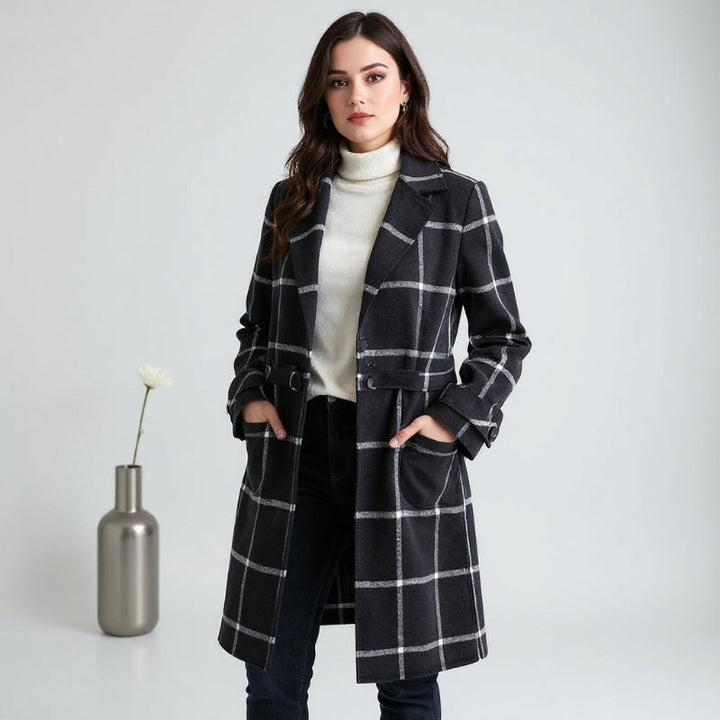Valeria Women's Checkered Wool Coat - Elegant Tailored Overcoat