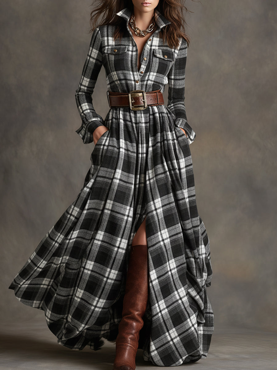 Unity Plaid Long Sleeve Maxi Dress with Shirt Collar Button Front