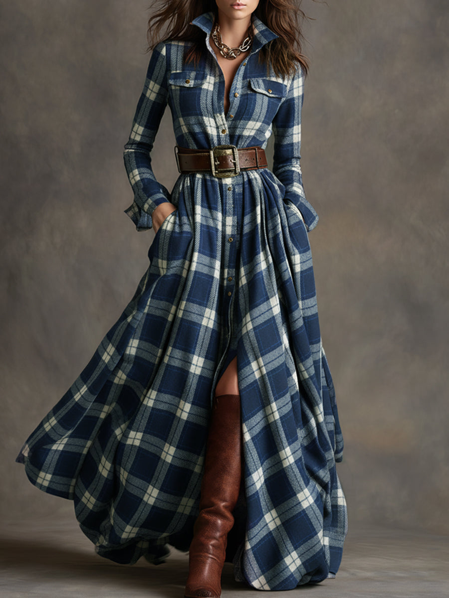 Unity Plaid Long Sleeve Maxi Dress with Shirt Collar Button Front