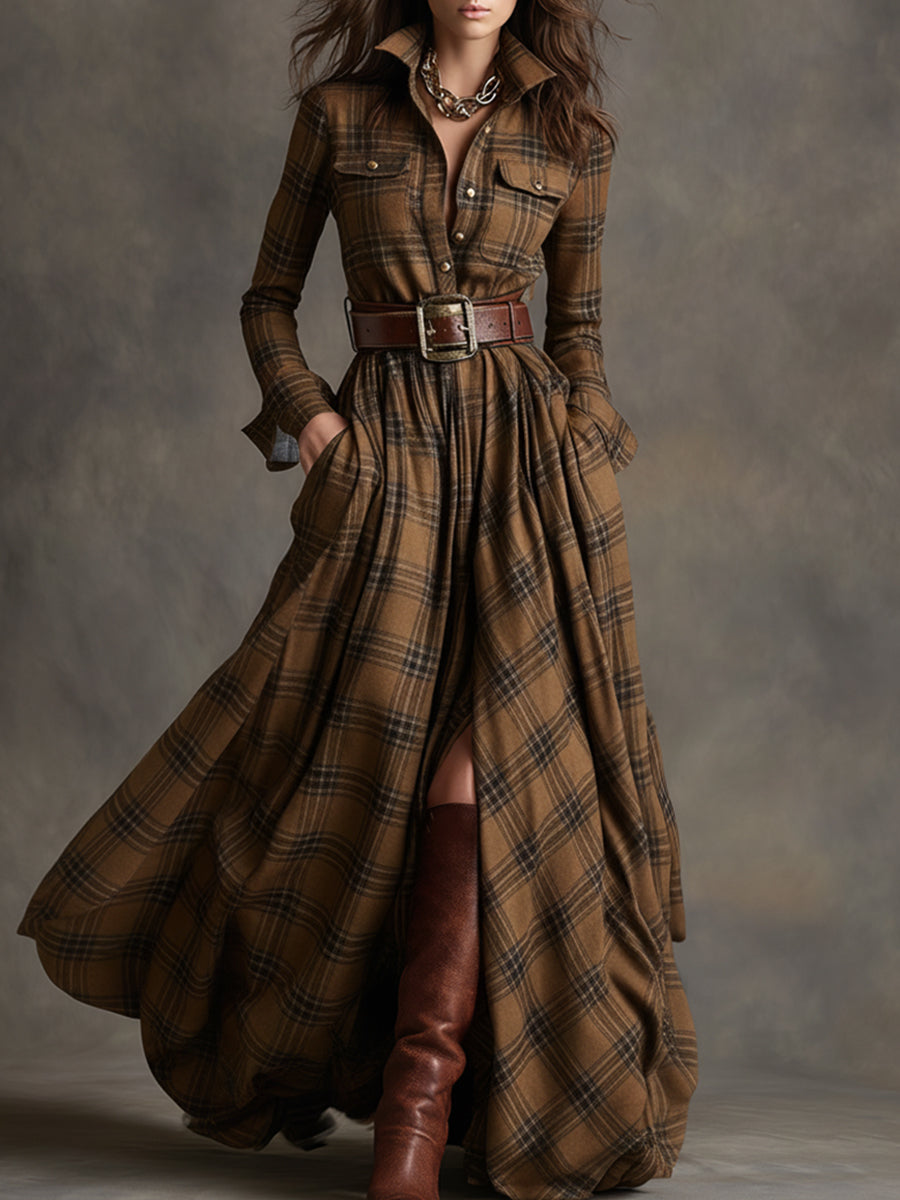 Unity Plaid Long Sleeve Maxi Dress with Shirt Collar Button Front