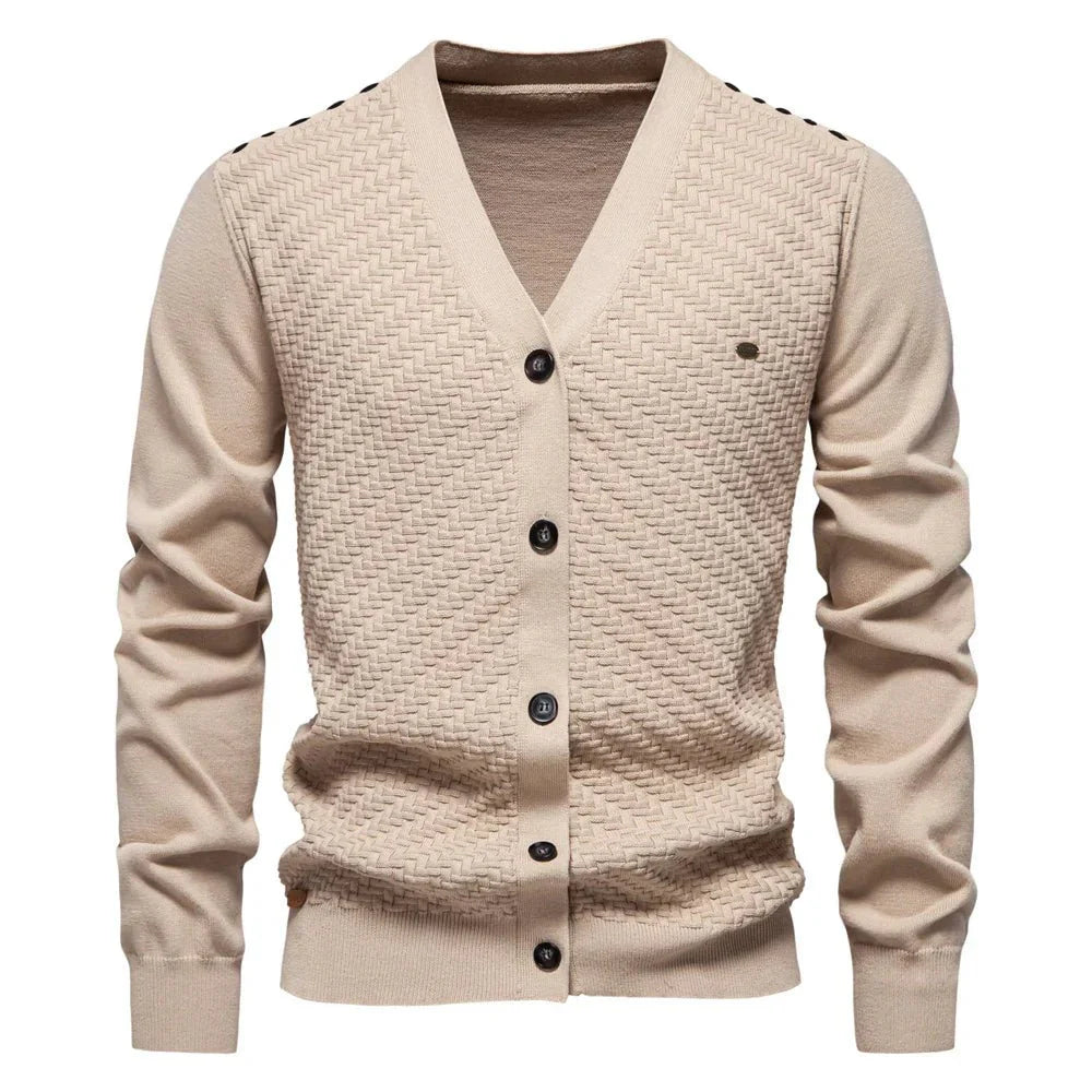 Warm Men's V-Neck Cardigan – Grey, Khaki, Dark Blue