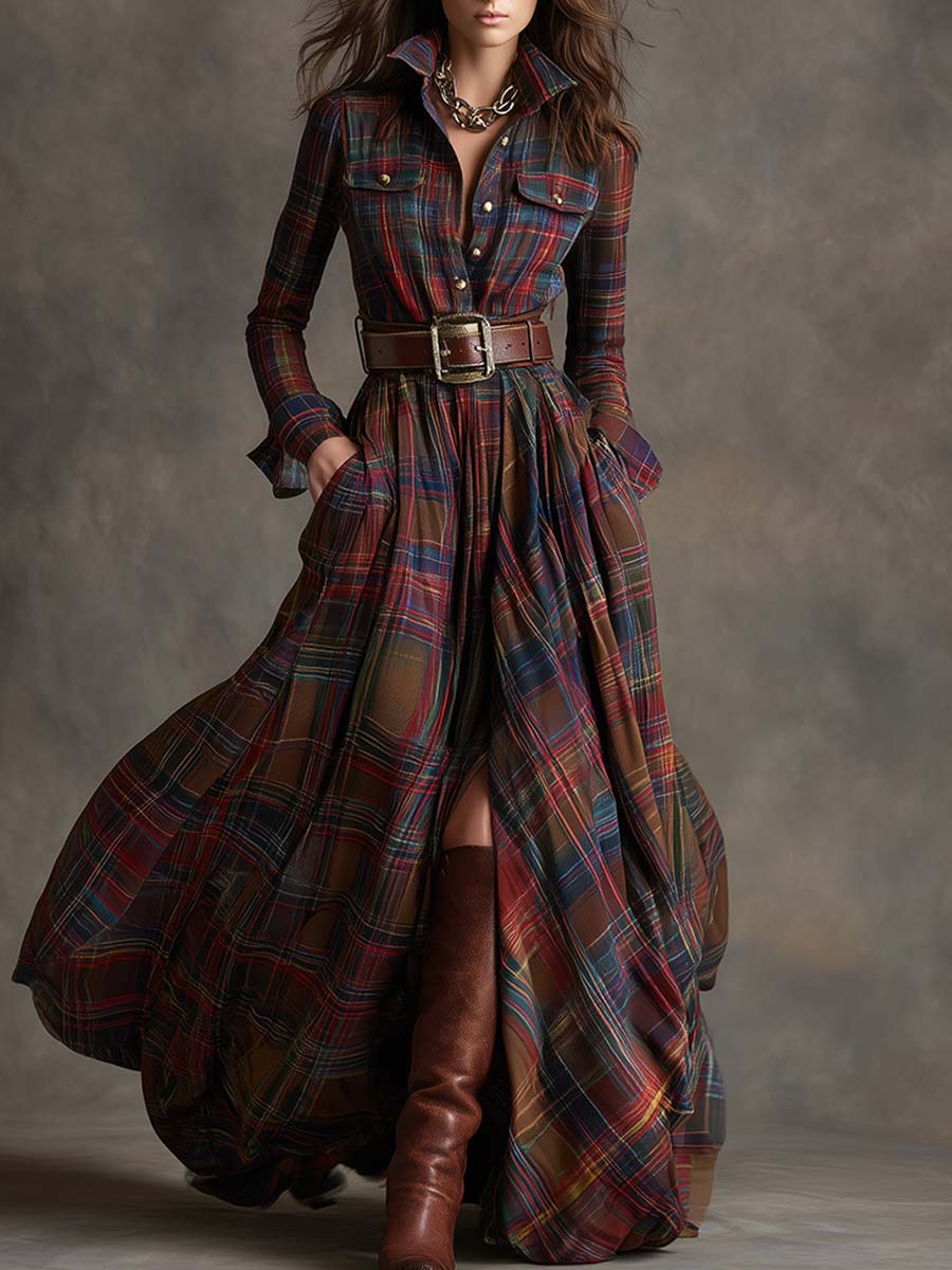 Unity Plaid Long Sleeve Maxi Dress with Shirt Collar Button Front